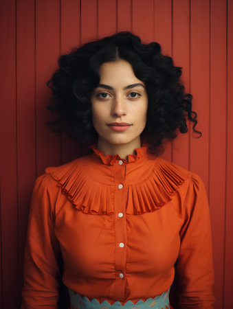 Portrait of beautiful young woman with curly hair in orange blouse on red backgroundの素材