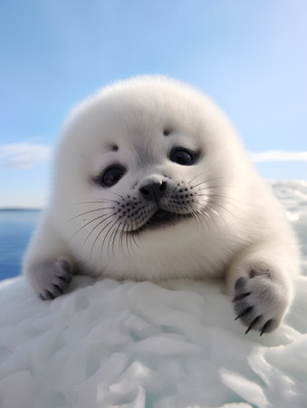 Baby seal on the snow. 3D illustration. Blue sky.の素材