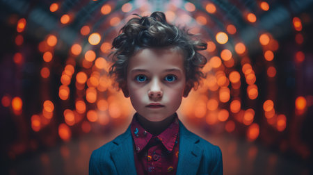 portrait of a little boy in a suit on a background of red lightsの素材
