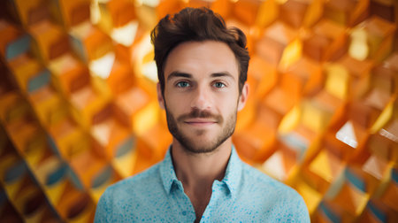 Portrait of a handsome young man with a beard on a colorful backgroundの素材