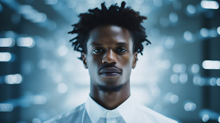 Portrait of african american man looking at camera against glowing backgroundの素材