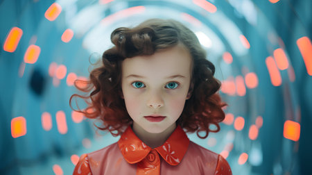 Portrait of a little girl with curly hair in a red shirtの素材