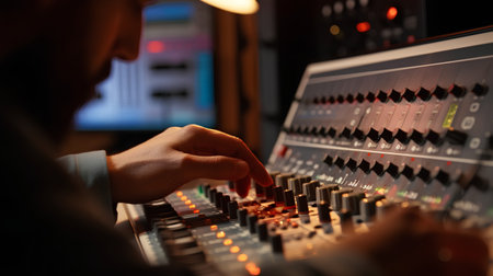 Sound engineer working on mixing desk in recording studio, closeup viewの素材