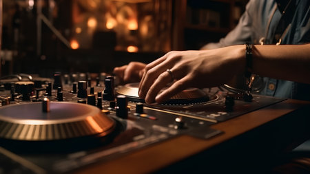 Dj playing music at the nightclub, close-up of handsの素材