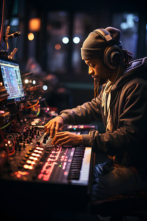 Professional dj playing music on a mixer in the night club. The concept of entertainment and hobby.の素材