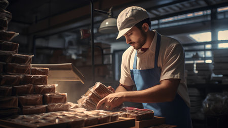 Handsome young man in apron and cap working in bakeryの素材