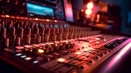 Audio mixing console in the nightclub, close-up. Selective focus.の素材