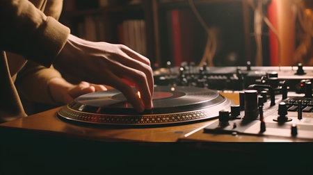 Dj playing music on turntable at nightclub close-upの素材