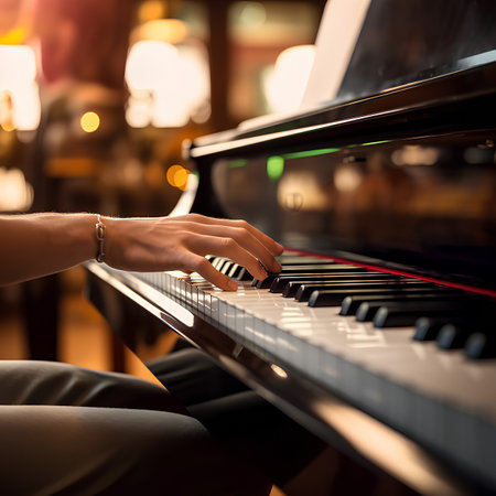 cropped shot of man playing piano at night club, focus on handsの素材