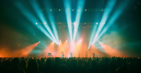 Concert crowd in front of a bright stage with lights and smokeの素材