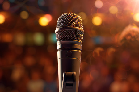 Microphone on stage with bokeh background. 3d renderingの素材