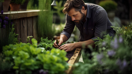 Caucasian man working in his garden, taking care of plantsの素材