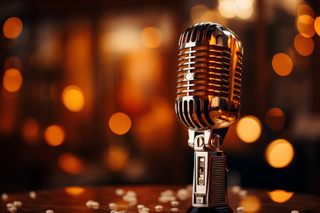 Retro microphone on a wooden table on a bokeh backgroundの素材
