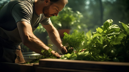 Gardener working in his garden. Selective focus. Nature.の素材