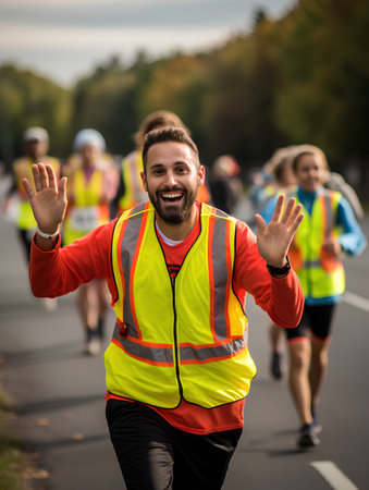 Marathon running race, people group on city road workout wellness conceptの素材