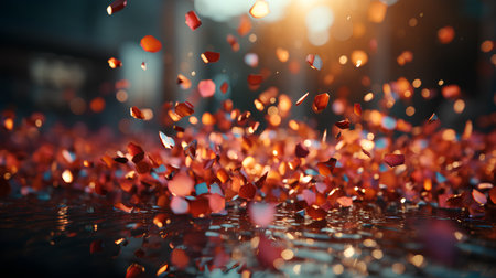 3D rendering of falling red and orange petals in the rainの素材