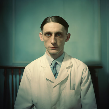 Portrait of a young male doctor in a lab coat looking at the cameraの素材