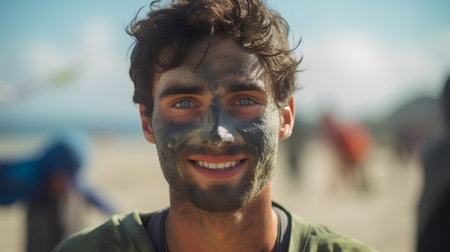Portrait of a happy young man with face mask on the beachの素材