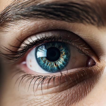 Close-up of human blue eye with long eyelashes. Macro shotの素材