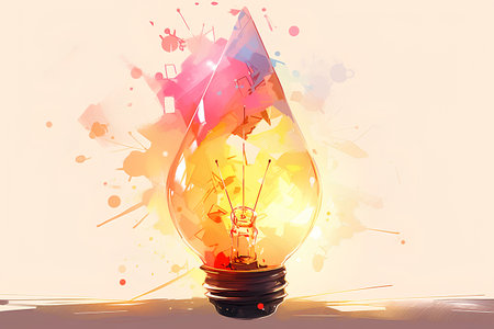 Illustration of a light bulb with a human figure inside and colorful splashesの素材