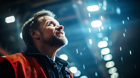 Portrait of a handsome man in a red raincoat and raincoatの素材