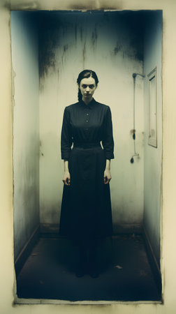 Portrait of a woman in a dark room. Image in old color image styleの素材
