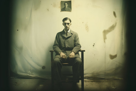 Young man in a suit sitting in a chair in a dark roomの素材