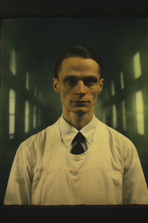 Portrait of a man in a white coat and tie in an old factoryの素材