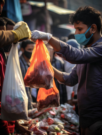View of unknowns Nepali people selling vegetables at street market in Kathmandu in the morningの素材