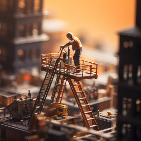 Miniature of construction worker on the top of a ladder. Construction concept.の素材