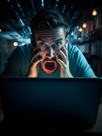 Surprised man using a laptop computer in a dark room.の素材