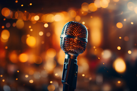 Microphone on stage background with bokeh lights. 3d renderingの素材