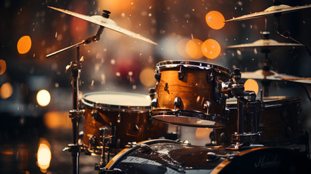 Drums in the rain on a dark background. Shallow depth of fieldの素材