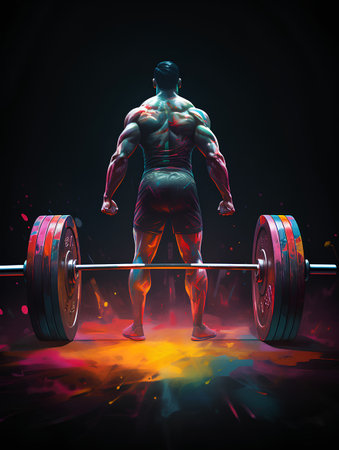 Bodybuilder lifting a barbell on a dark background. Mixed mediaの素材
