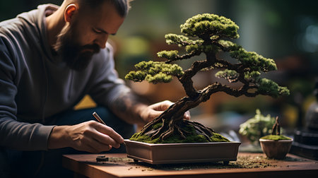 Bonsai tree in the hands of a man in a Japanese gardenの素材