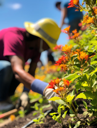 Gardener working in the garden, planting and caring for flowersの素材