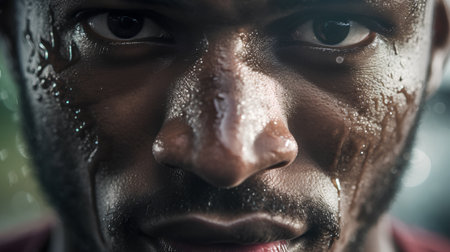 Close up portrait of young african american man with wet face.の素材