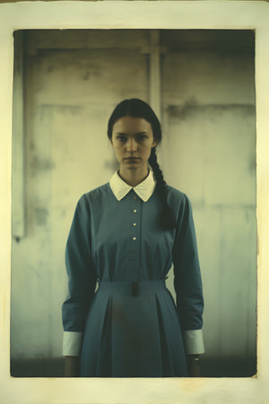 Portrait of a girl in a blue dress in an old factoryの素材