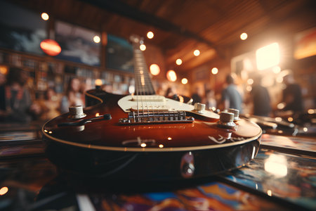 Guitar on a table in a pub. Selective focus.の素材