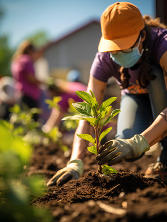 Planting seedlings in the garden during a pandemic. Selective focus.の素材