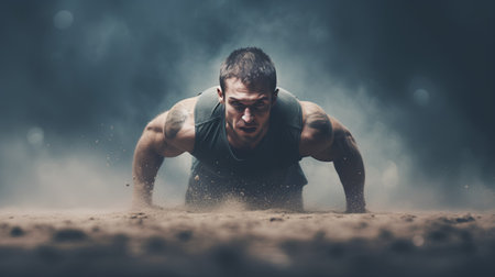 Athletic man doing push-ups on the sand.の素材