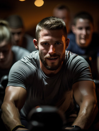 Portrait of a young man riding a bicycle in the gym.の素材