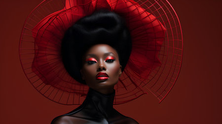 3d illustration. Portrait of a beautiful african-american woman with red lips and black hair on a red background.の素材