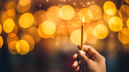 Close up of human hand holding burning candle with bokeh backgroundの素材