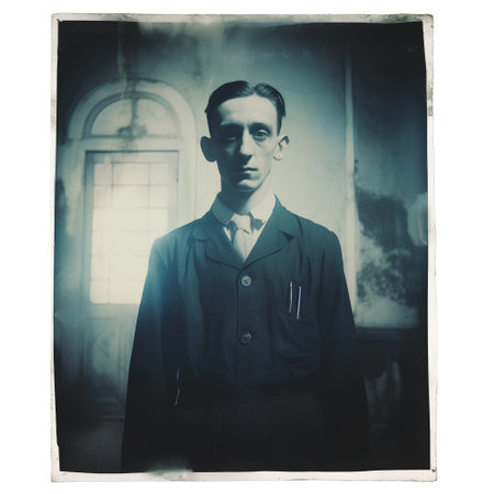 Portrait of a young man in a dark room with an old photo frameの素材