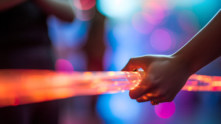 Female hand holding a glowing led strip in front of a blurred backgroundの素材