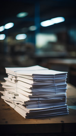 Stack of paper documents on wooden table in factory. Selective focus.の素材