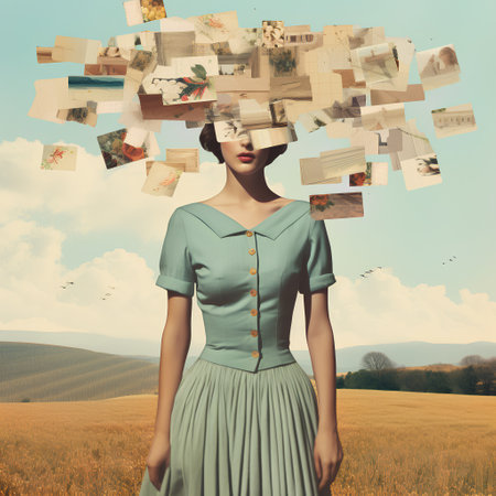 Young woman in blue dress with flying papers in her head. Collageの素材
