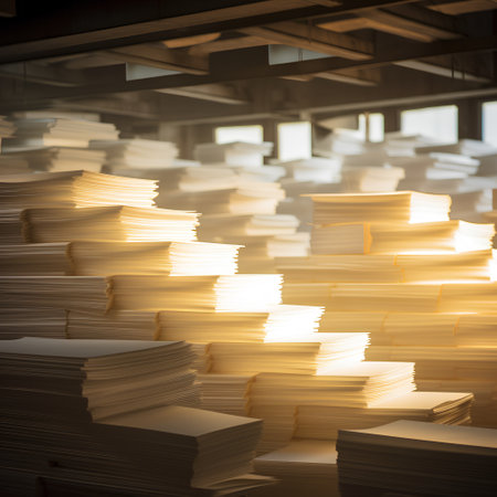 Pile of paper documents with light beam in the office, business conceptの素材