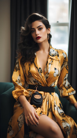 fashion interior photo of beautiful sensual woman with dark hair in luxurious dress and accessoriesの素材